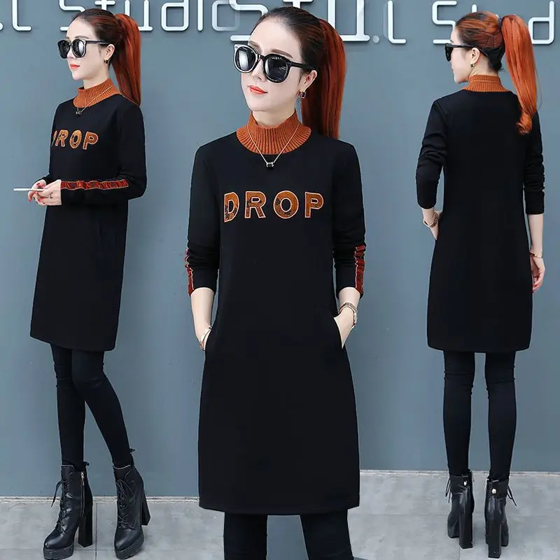 Autumn and Winter 2023 Plush High Neck Mid Length Sweatshirt for Women New Korean Version Slimming Print Shirt