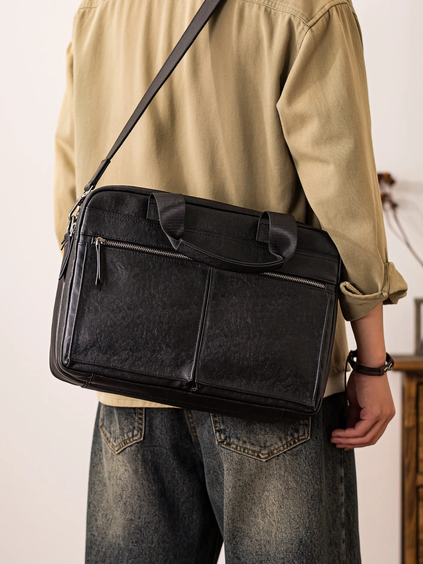 business work genuine leather men's black briefcase casual designer handmade real cow leather luxury laptop messenger bag