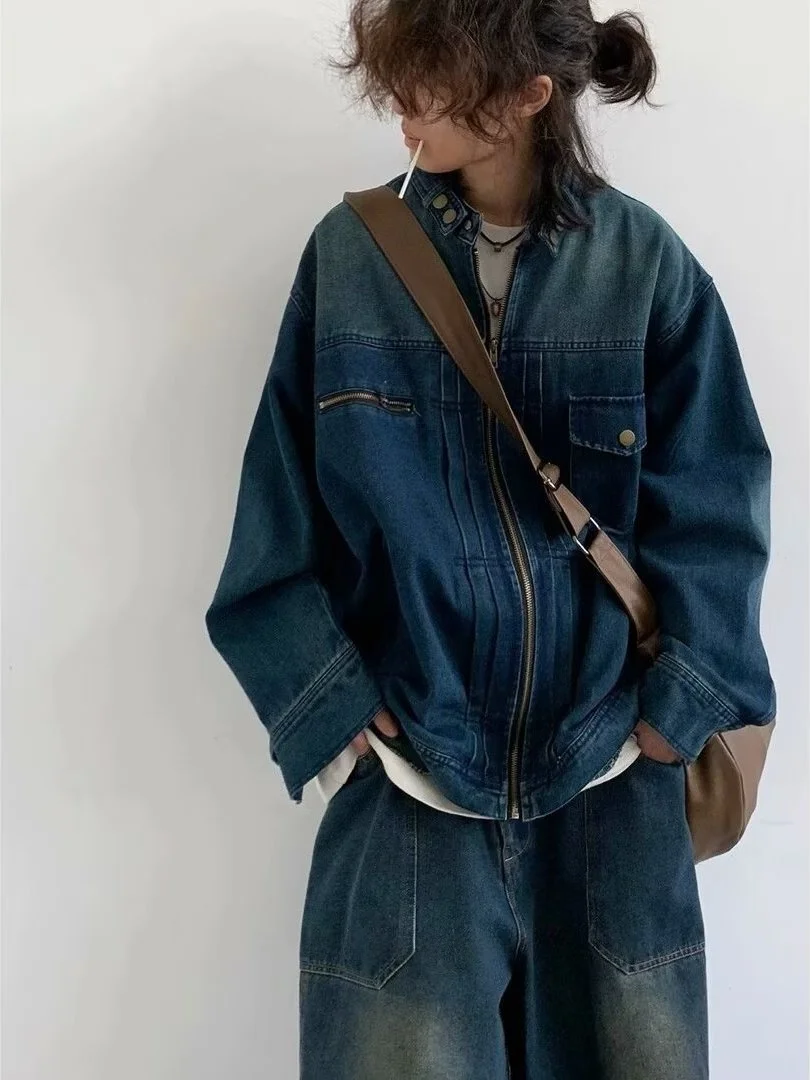 

Loose Fit adient Denim Jaet ex Autumn Winter Faion BF Sle Workwear Top Trendy Zipper Closure Long Sve Zipper J...