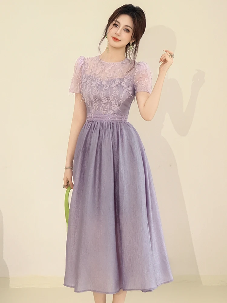 Sukienka damska fioletowa imitacja dwuczęściowej koronki z kwiatowym wzorem, prześwitująca, z dekoltem typu O, dopasowana, w kształcie litery A, elegancka, na imprezę, studniówkę, urodziny, vestido, robe, retro.