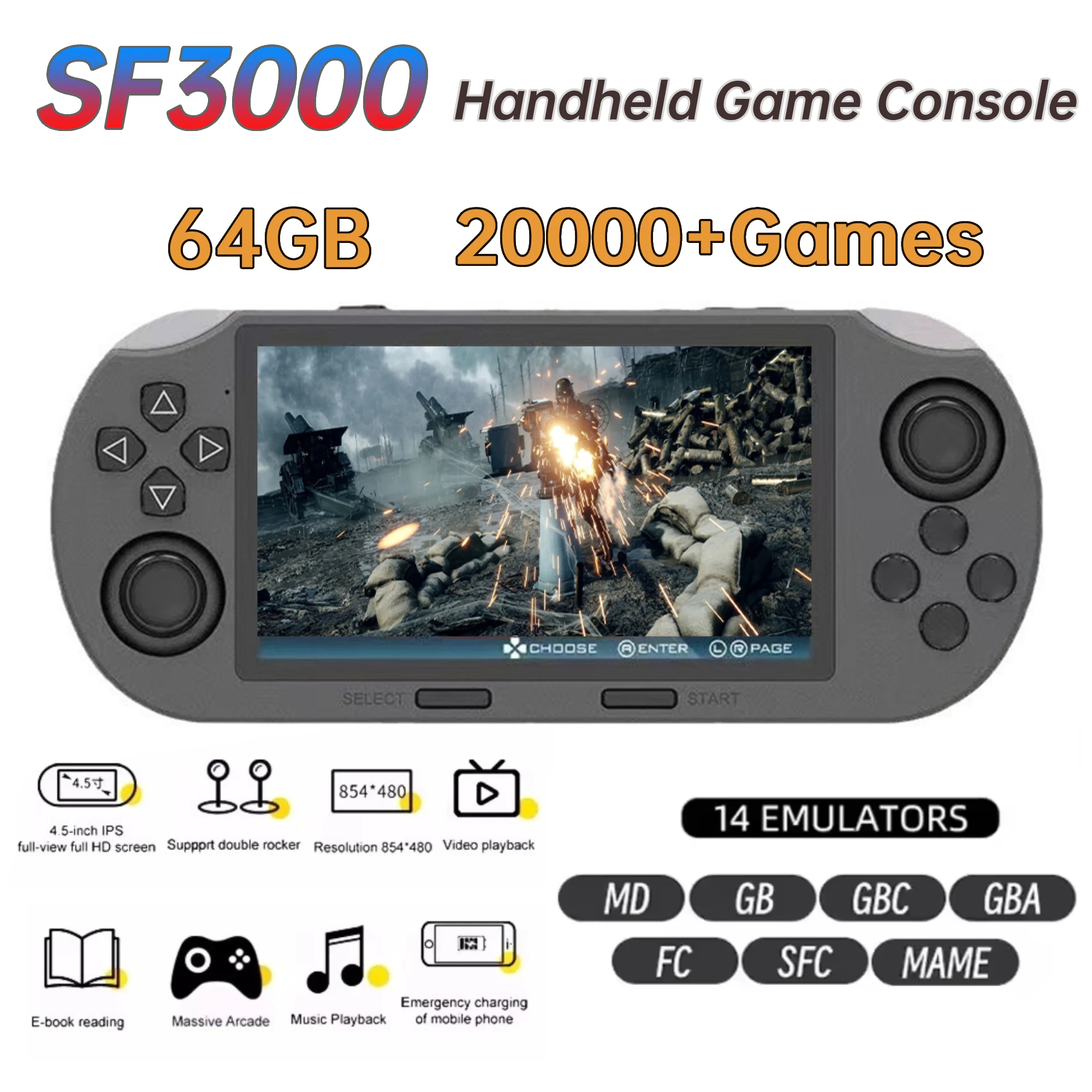 SF3000 Retro Pocket Game Console Linux System 4.5'' IPS Screen Handheld Video Gaming Player Built-in 20000+Games for Kids Adults