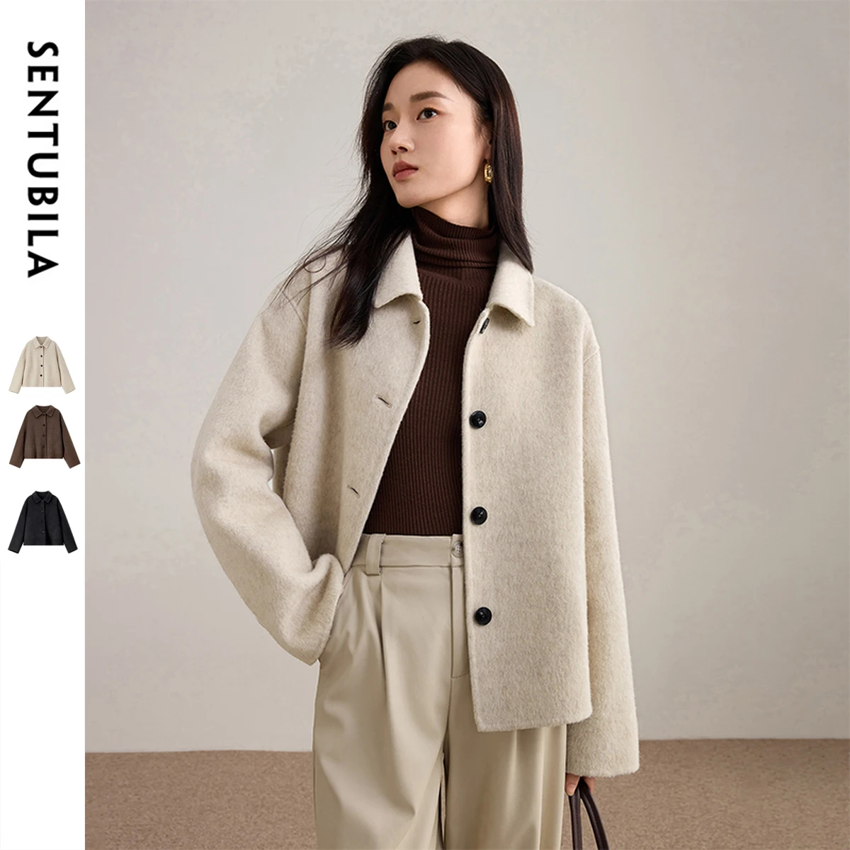 Kurtka wełniana damska SENTUBILA 2025, krótki płaszcz zimowy z wełny owczej, modna odzież wierzchnia, luźna, elegancka, codzienna kurtka damska W54OC2733