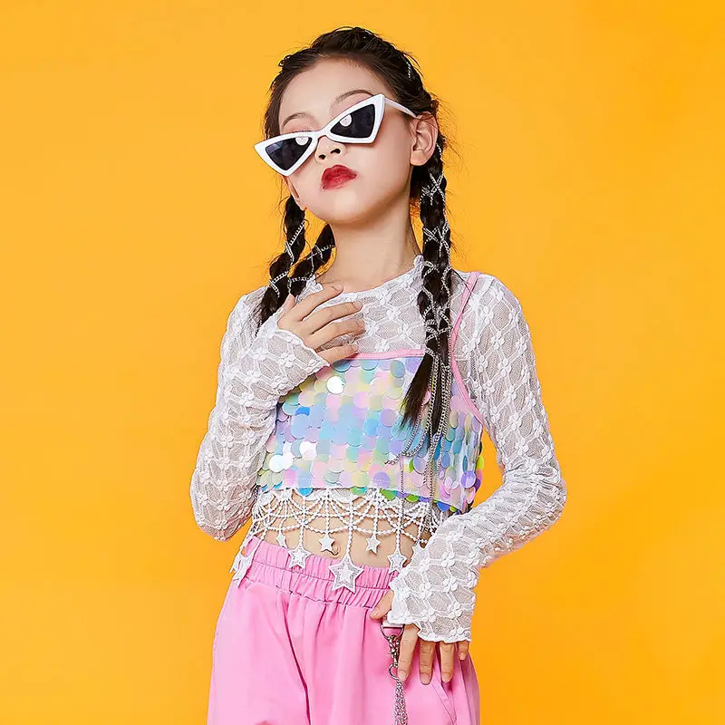 LOLANTA Kids Summer Dance Clothes Sequins Net Top Skirt/Pants Set Girls Hip Hop Modern Jazz Streetwear Stage Performance Costume