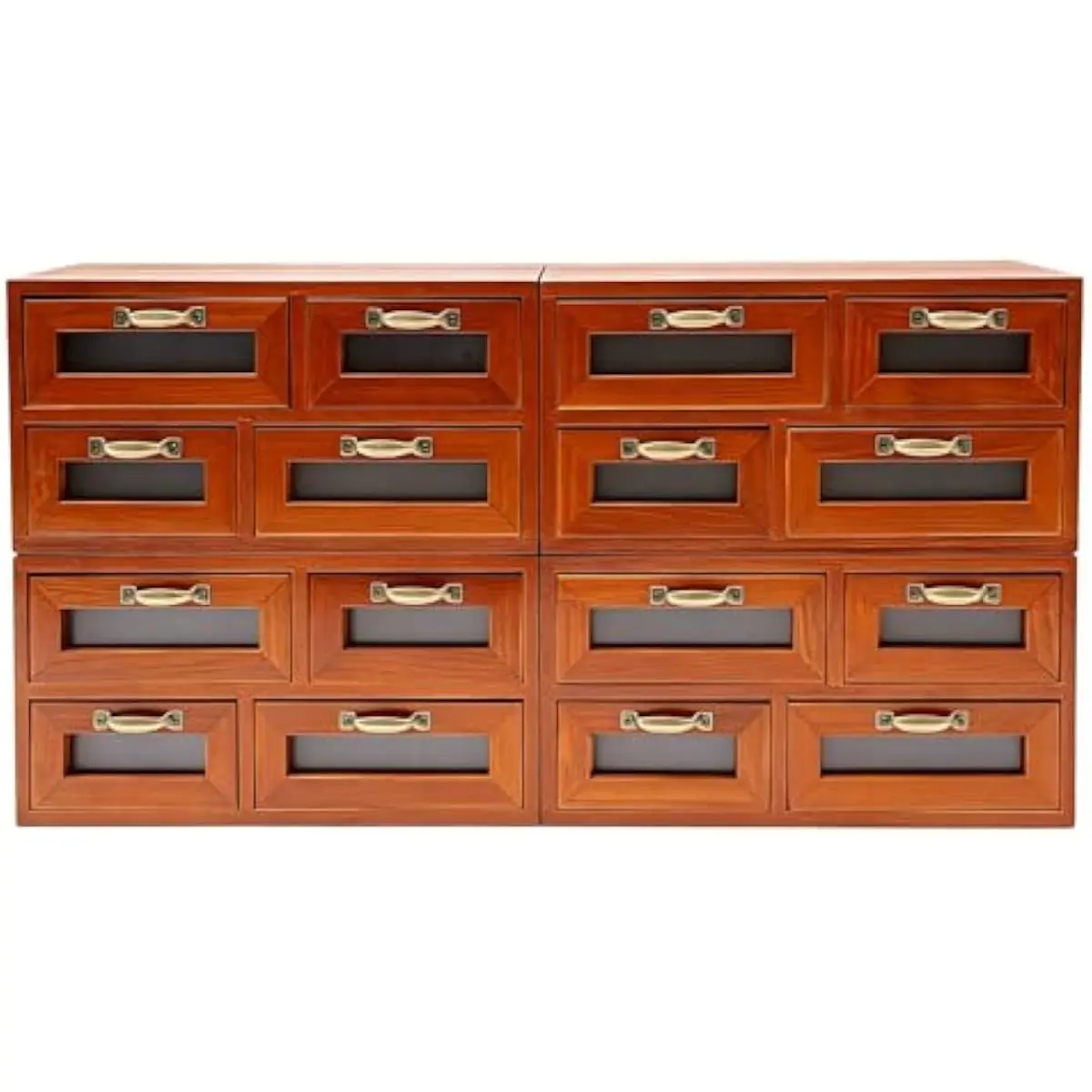 16-Compartment Solid Wood desktop Organizer with Transparent Drawer windows and Metal Handles — Modular Stackable Units for Cabling