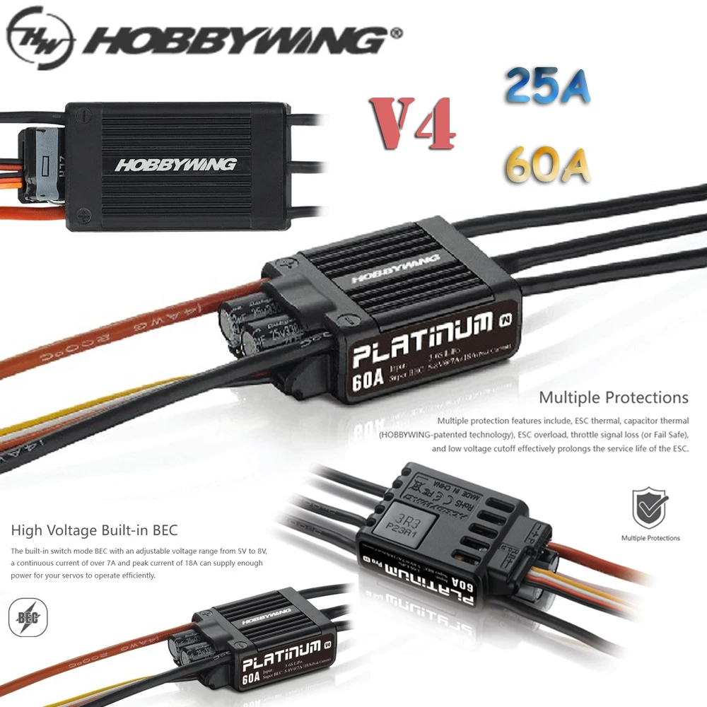 Hobbywing Platinum V4 25A 60A Brushless ESC Speed Controller 3-6S Lipo Built-in BEC For RC Fixed-Wing Airplane Helicopter Parts