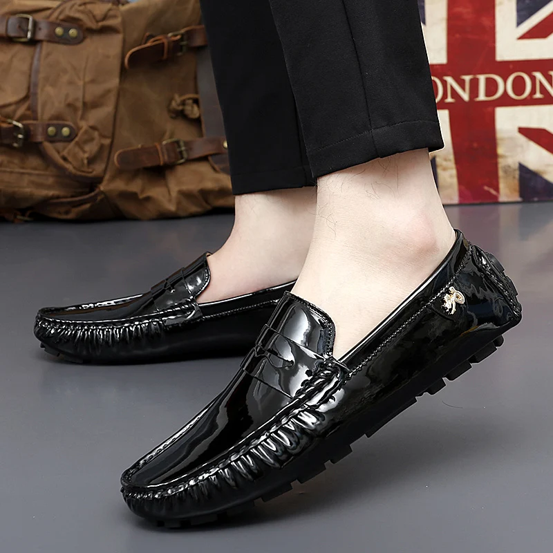 Casual Shoes for Men Women Boys Bright Leather Stage Performance Designer 35~48 Peas Soft Driving Male Flats Loafers Moccasins