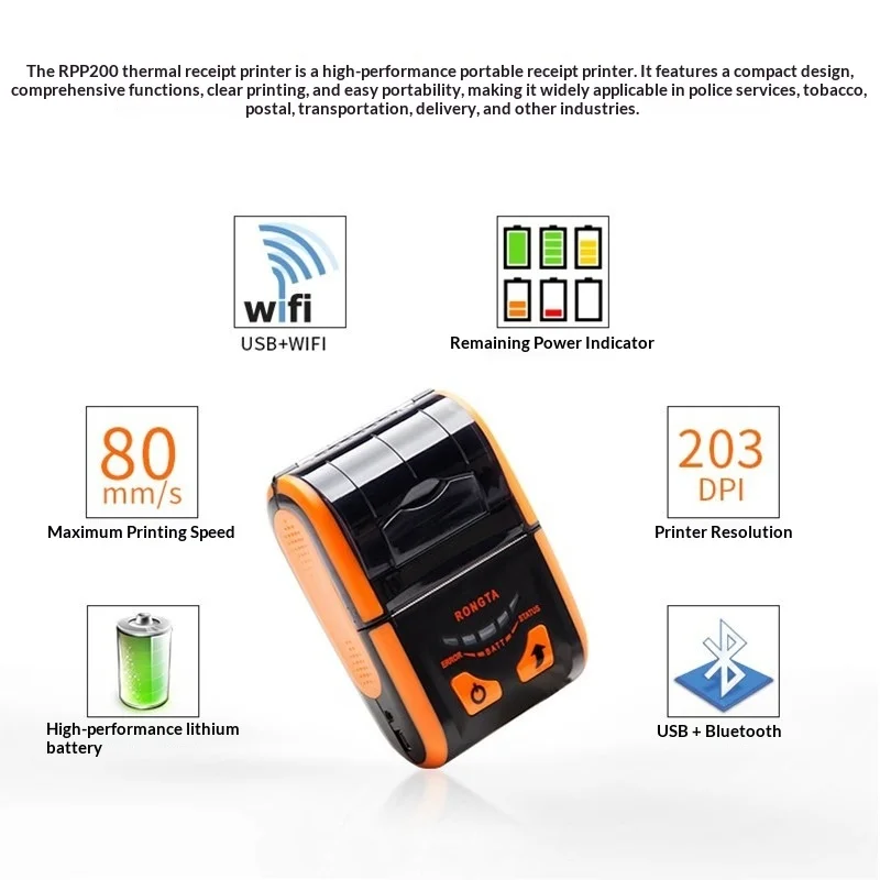 Compact 58mm Bluetooth Thermal Printer, Portable Pocket Size with Anti-Slip, 80mm/s Speed for Retail/ Restaurant/ Supermarket