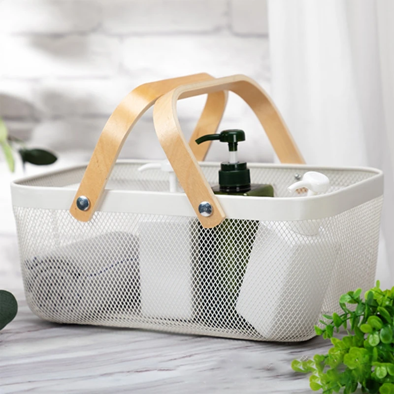 Nordic Metal Mesh Fruit Basket Bin with Double Wooden Handle Kitchen Wrought Iron Rectangle Storage Dropshipping