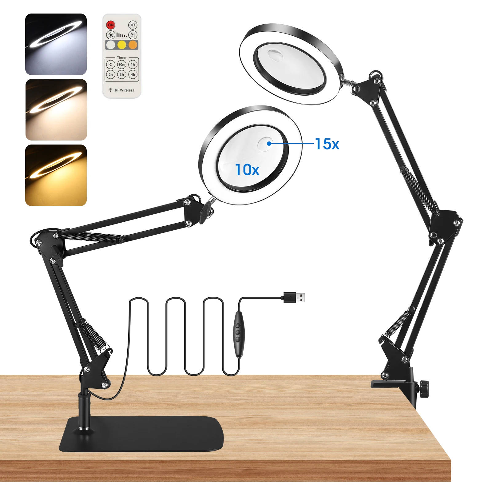 Loupe 2-en-1 avec lumière et support, lampe loupe LED 15X 10X avec pince et base pour loisirs créatifs et travail, lampe de travail LED