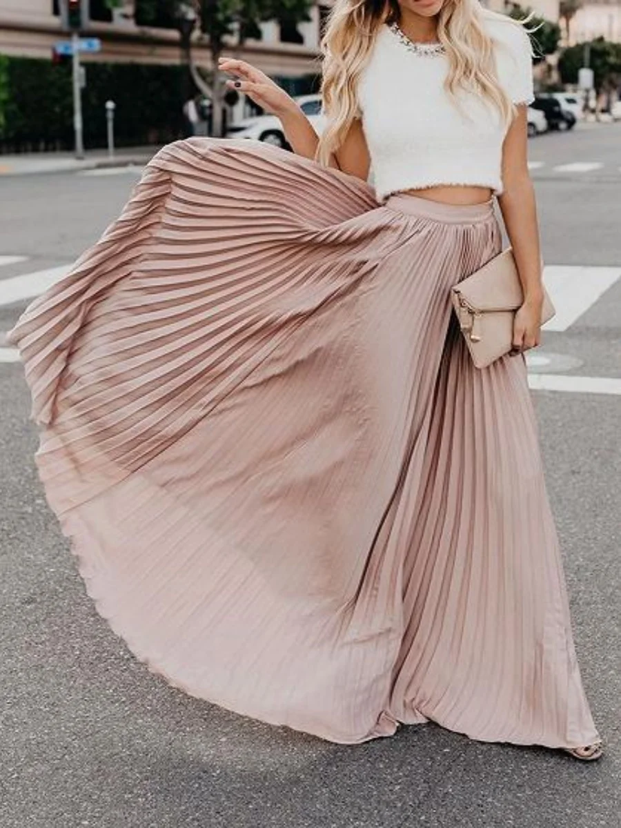 Faionable Chiffon Pleated Maxi Skirt Women's New Arrival f-length A-Line Street Sle Pure Color Mid-Waist Polyester Fiber