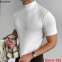 2024 Men's Summer Casual Tight T-shirt Solid Fashion Streetwear High-neck Short Sleeved Bottoming Shirt Male Oversized T Shirt