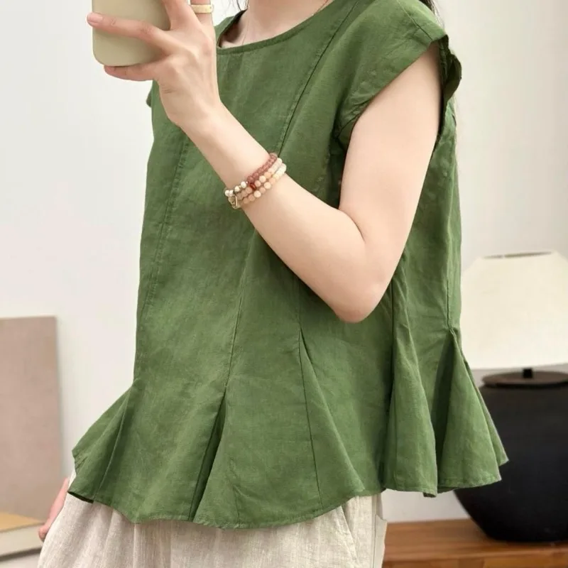 New Ramie Multi-cut Pleated Sleeve Top for Women Cool  Elegant Summer Style Women's Half Turtleneck Sweater Pure Color Commuting