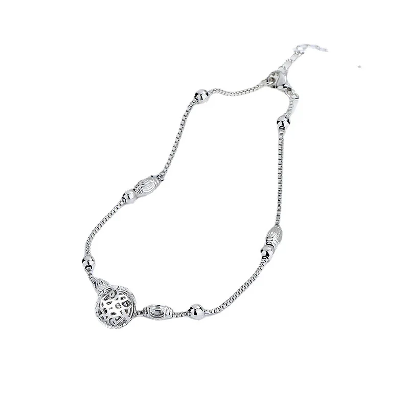 Vintage Chinese Style Hollow Palace Boll Foot Jewelry 925 Sterling Silver Anklets For Women Cute Bell Bracelets Girlfriend Gifts