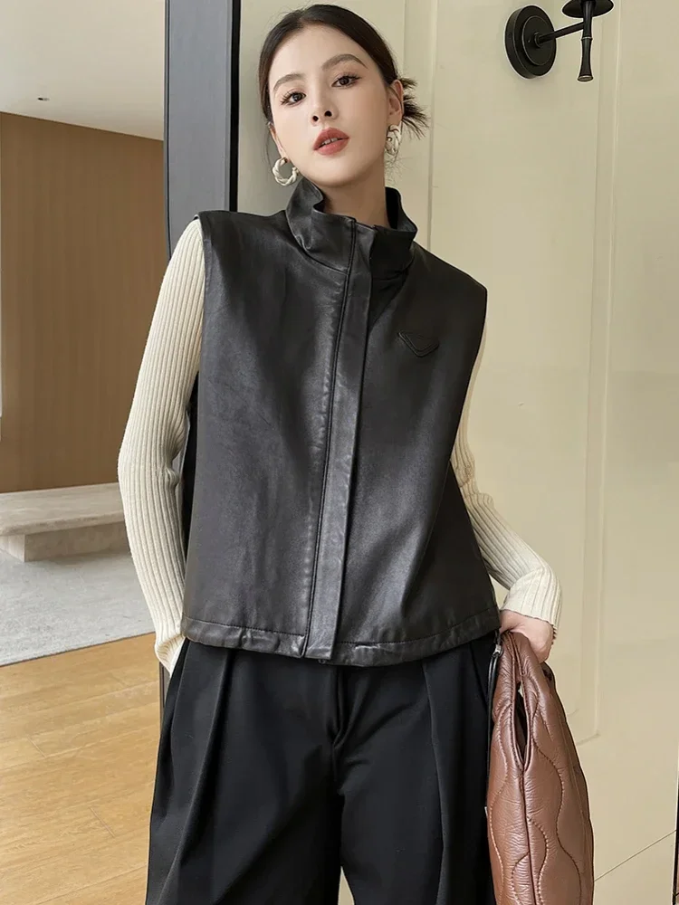 

Simple Cropped Sleeveless Vest Genuine Leather Jackets Women 2024 Trend High-end Casual Stand Collar Zipper Real Sheepskin Coat