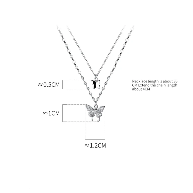 JICAI S925 Silver Double Layer Shiny Butterfly Pendant Necklace Female Design Exquisite Diamond Necklace Clavicle Chain C8299