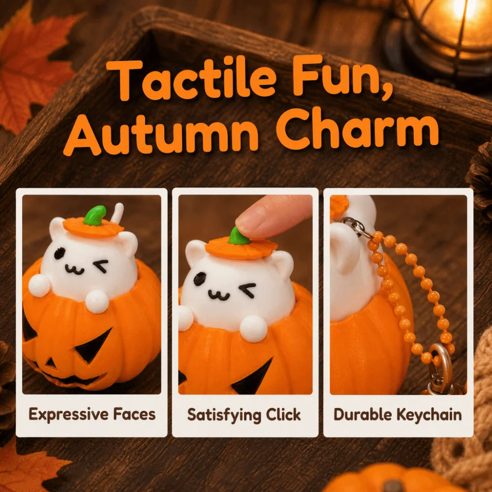 Cute Halloween Pumpkin Cat Clicker Keychain Button Press Creative 3D Printed Pendant Orange Keyboard-style Fidget Party Favor