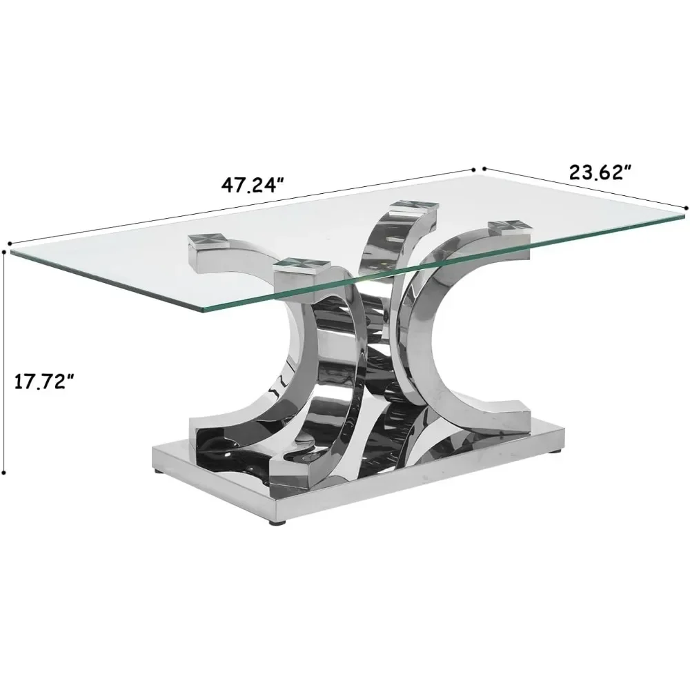 Glass Coffee Table with Gold 4C Stainless Steel Metal Leg, Rectangular Clear Tempered Glass Center Stainless Steel Tea Table