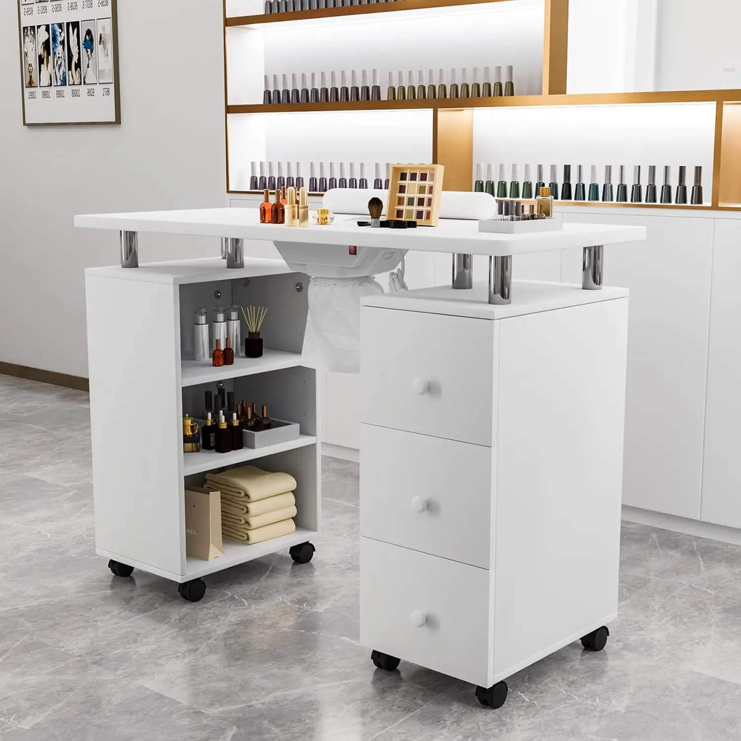 محطة تقنية لصالونات التجميل لطاولة الأظافر مع فتحة تهوية كهربائية، وعجلات قابلة للقفل، ووسادة معصم، وأرفف تخزين وأدراج #2