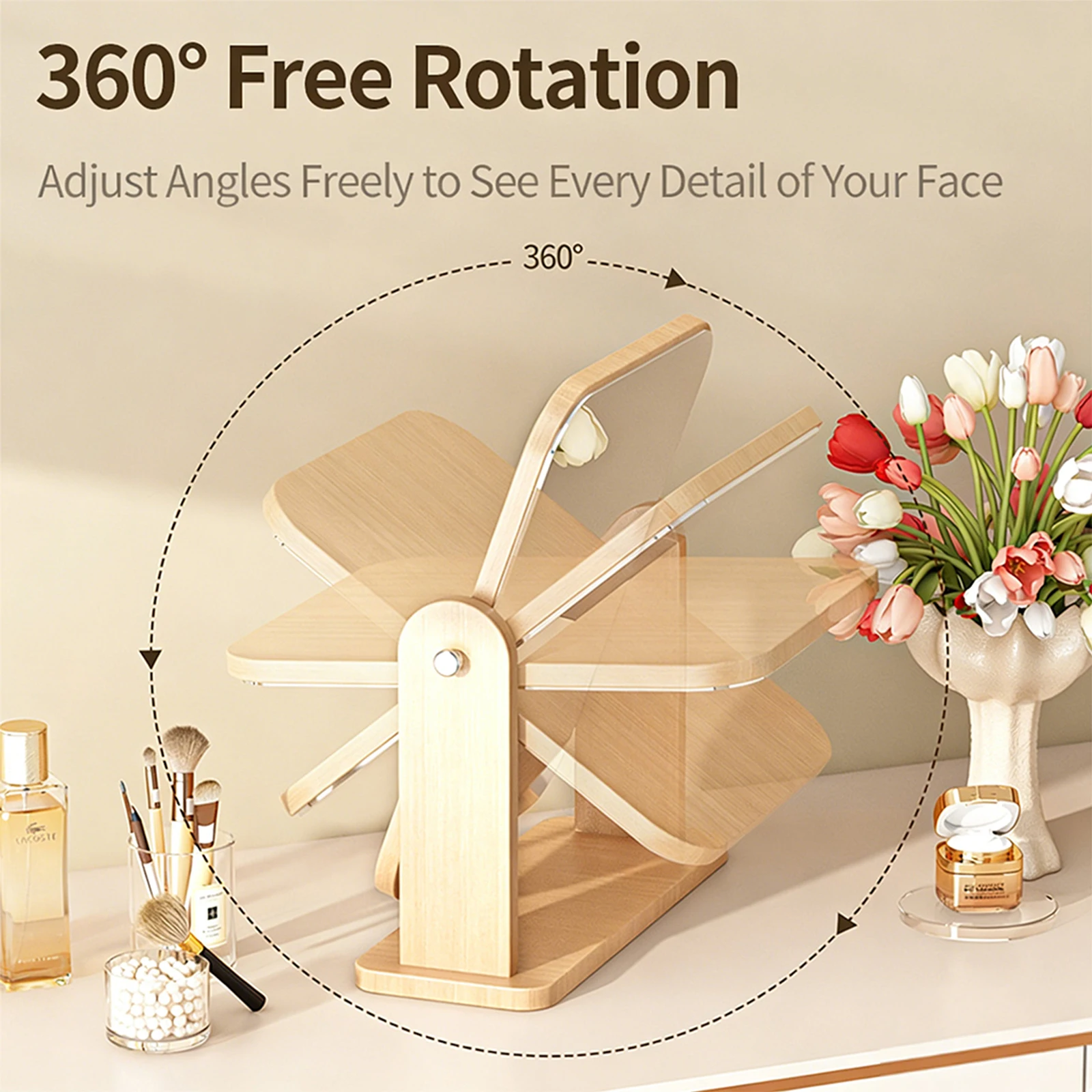 Minimalist makeup mirror with natural wood texture, high-definition mirror surface, rotating design, and pure manual polishing