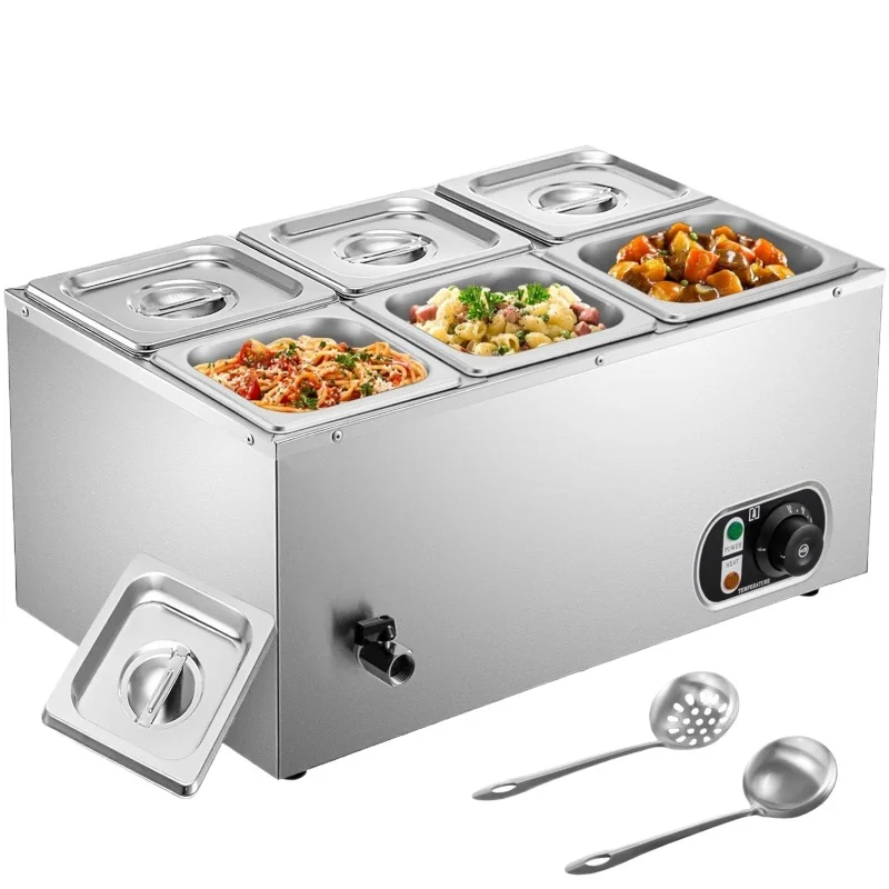 6 Tanks Commercial Bain Marie Food Warmer Electric Food Soup Warmer Stove Tabletop Stainless Steel Container Temperature Control