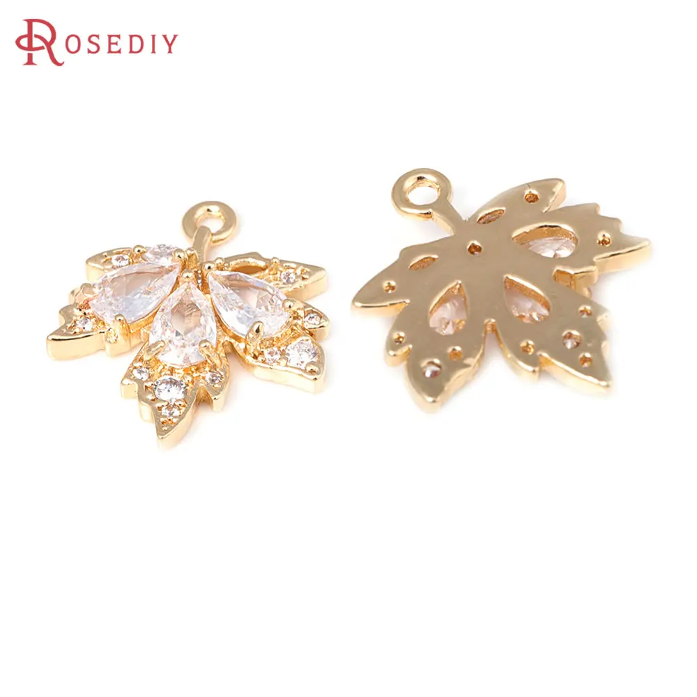 4PCS 18K Gold Color Brass and Zircon Tree Leaf Charms Pendants Diy Jewelry Making Necklace Earrings Accessories