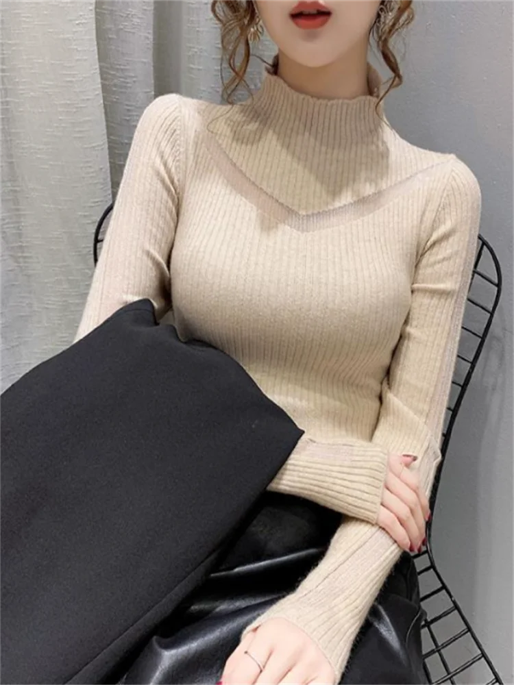 Sexy Long-Sleeved Sweater Women Turtleneck Perspective Net Yarn Splicing Knitwear Bright Pull Ladies Sweaters Pullover Top