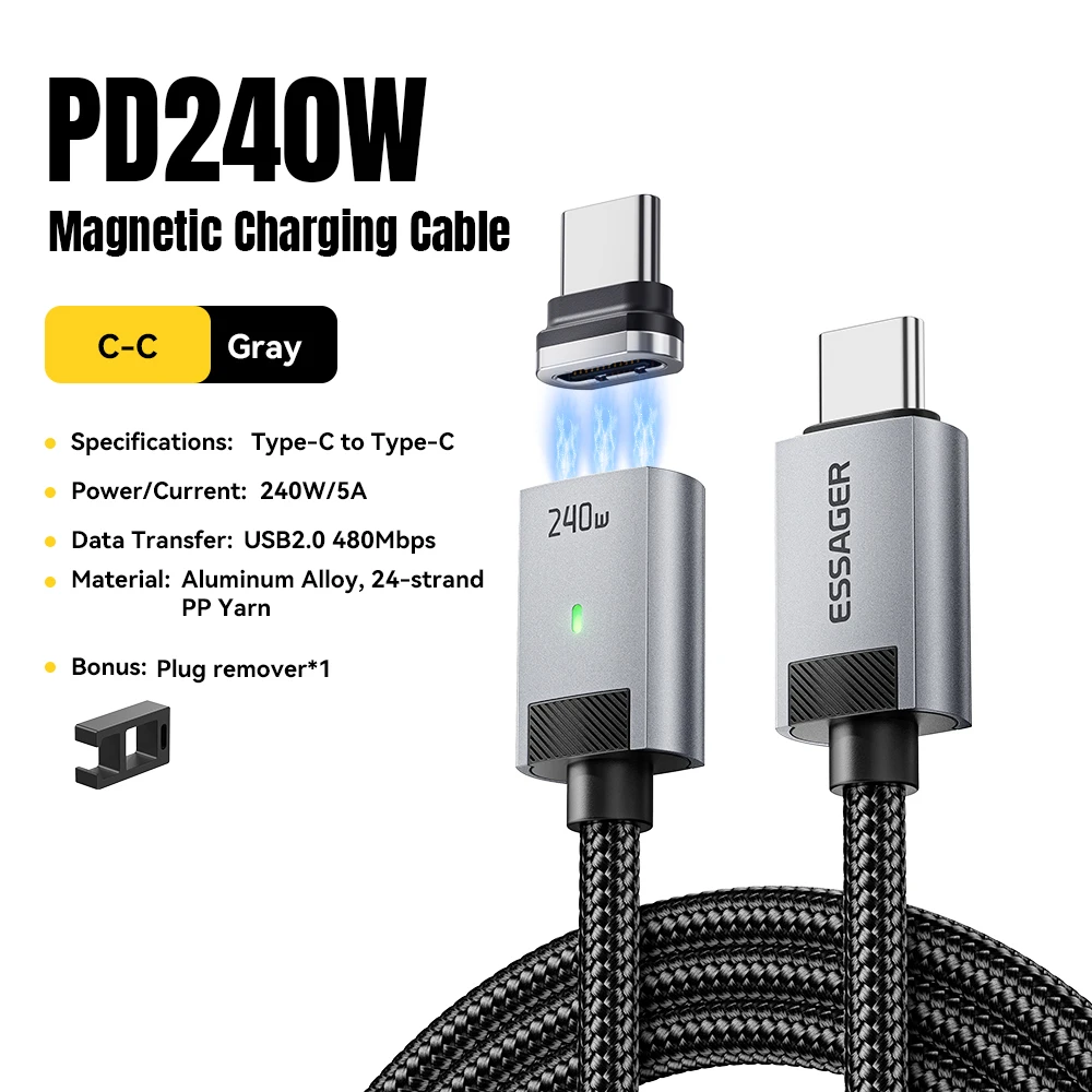 Essager 240W Magnetisches Ladekabel E-Marker USB-C auf Typ-C Kabel PD3.1 Schnellladung für iPhone 17 16 Samsung S25 iPad Laptop