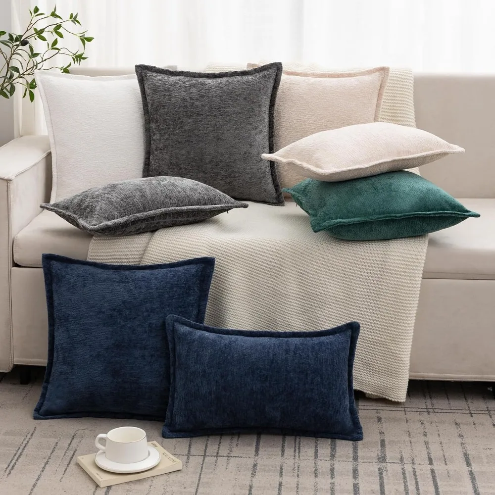 مجموعة من أغطية وسائد رمي الشنيل باللون الأزرق الداكن، مقاس 26 × 26 بوصة، أغطية وسائد مربعة صلبة ناعمة #6