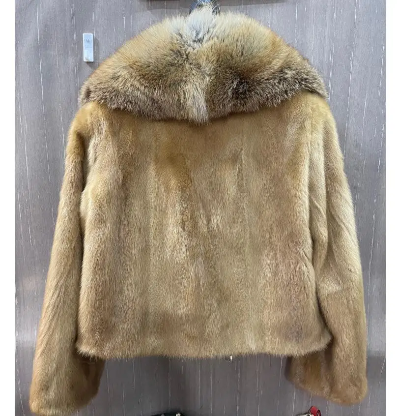 Gouden nertsbontjas voor dames, rode vossenkraag, winterwarme mode, nieuw,