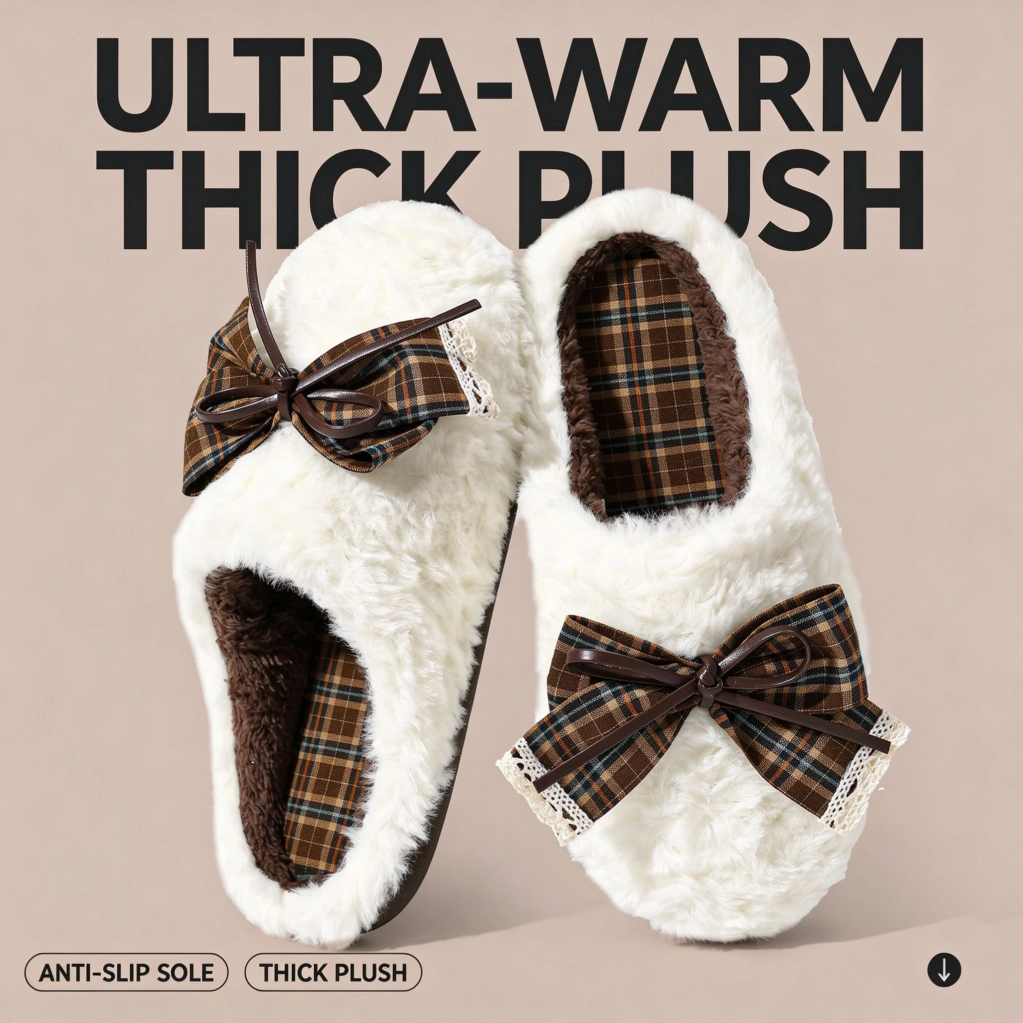 2026 Winter Warm Plush Slippers Women Thick Sole House Shoes Indoor Fuzzy Non-Slip Comfortable Casual Plaid Bowknot Clogs Shoes