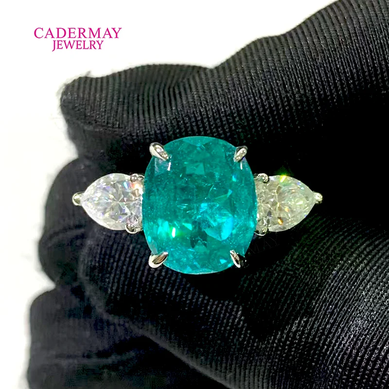 

Customized 925Silver 10x12mm 7ct Elongated Cushion Neon Blue Paraiba YAG With Moissanite Engagement 3 Stones Ring For Women Gift