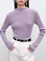 ZIQIAO【3 Colors】Women Mock Neck 10% Wool Pullover Sweater Gentle Purple Female Autumn Slim Long Sleeve Top 24ZQ93209+24ZQ93208