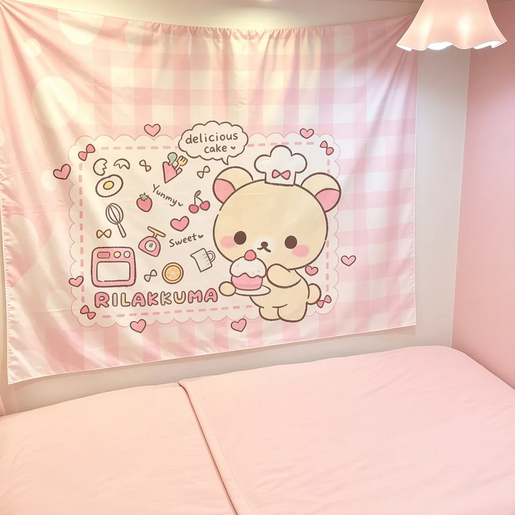 Cute Cartoon Bear Chef Cake Print Wall Tapestry Pink Plaid Aesthetic Wall Hanging Kawaii Room Decor for Bedroom Dorm Apartment