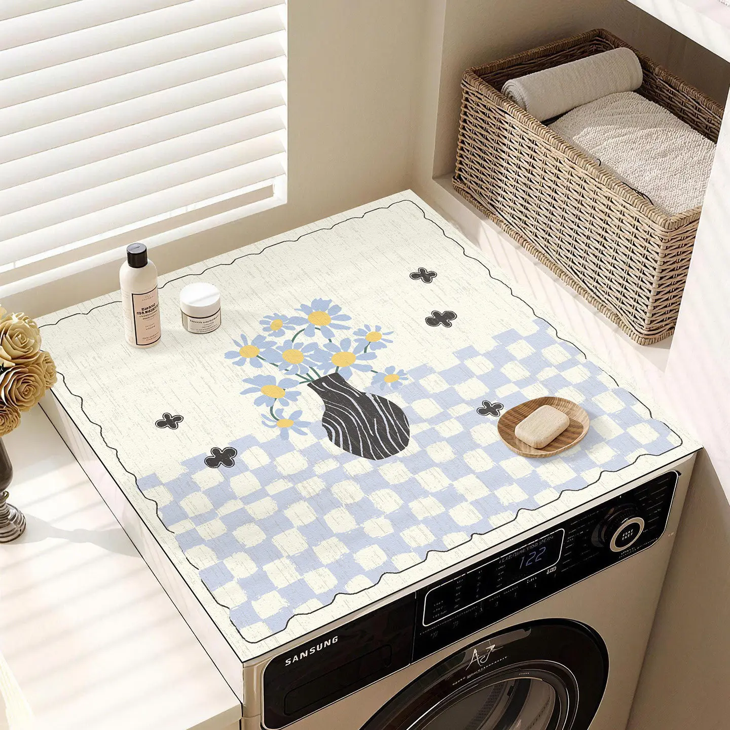 VIKAMA Blue Check Floral Kettle Washing Machine Top Rug Plaid Bottom Waterproof Anti Dust Pad For Laundry Dryer Cabinet Surface