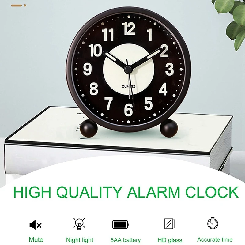 Alarm Clock Luminous 4 Inchround Silent Analog Table Clock Non-Ticking,Battery Operated With Loud Alarm For Bedroom