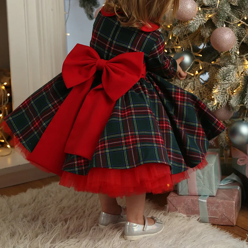 Kid Baby Girl Christmas Dress Puff Plaid Tulle Tutu Skrit Princess Dress Xmas Clothes Outfit for Kids 1-7T