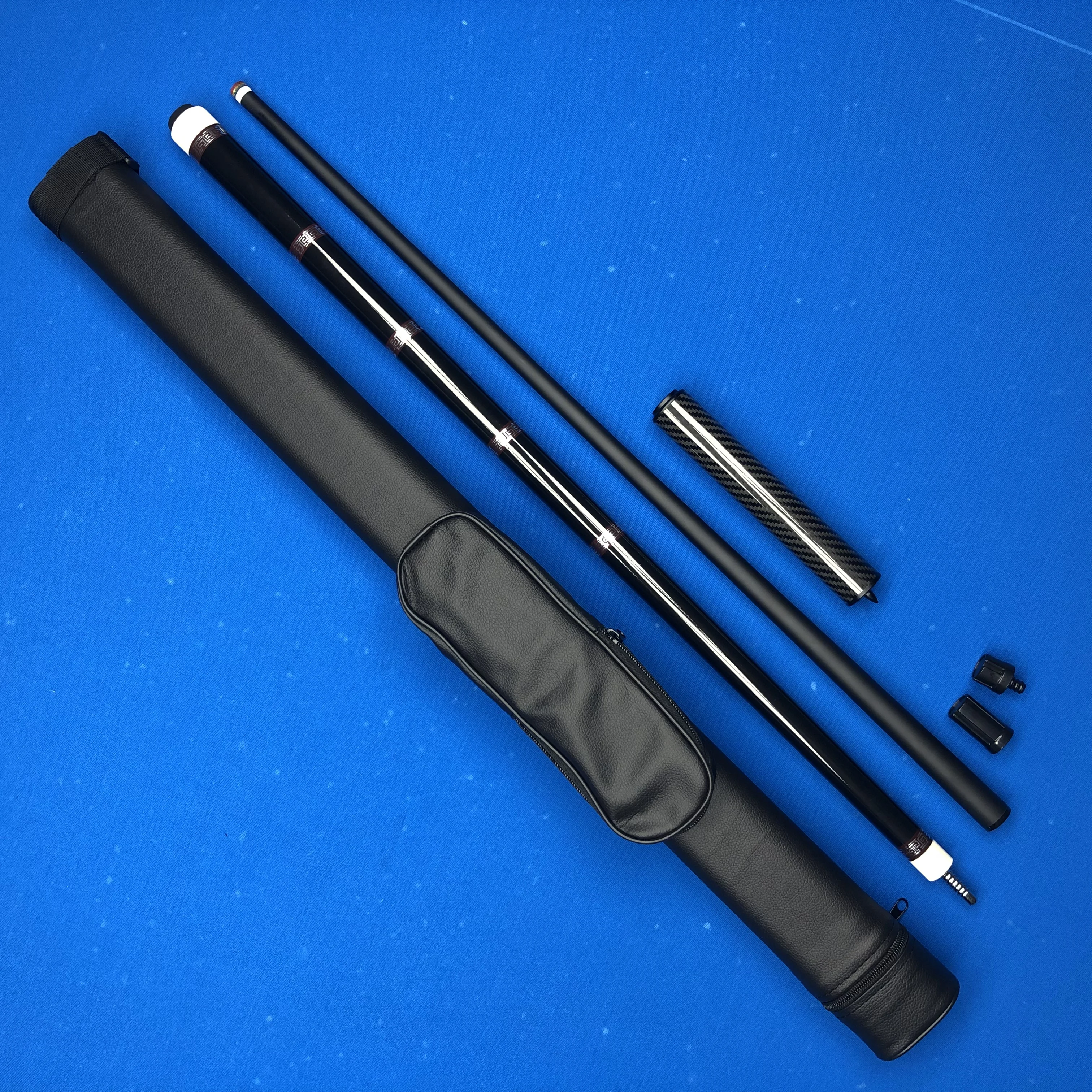Single 2-Piece Low Deflection Fiberglass Billiard Cue 12.5mm Tip with Carbon Fiber Extension and Black Tube Case Kit