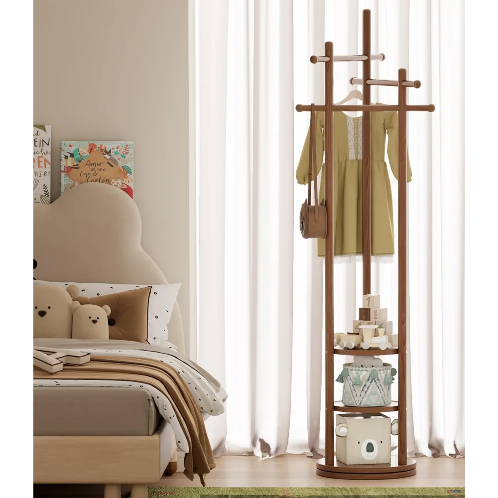 

Solid wood rotating coat rack stand, floor standing wooden freestanding coat rack with 3 shelves and 9 hooks with 3 tiers