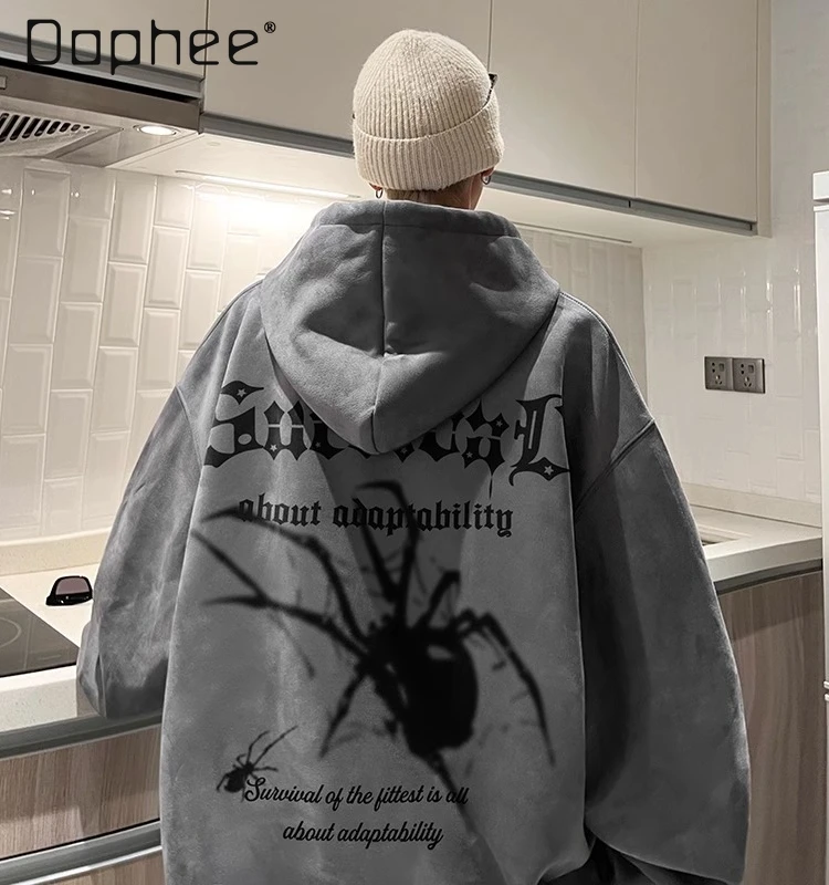 

Autumn Winter New Men's Suede Gray Apricot Hooded Sweatshirt American Style Spider Letter Print Black Velvet Plus Size Jacket