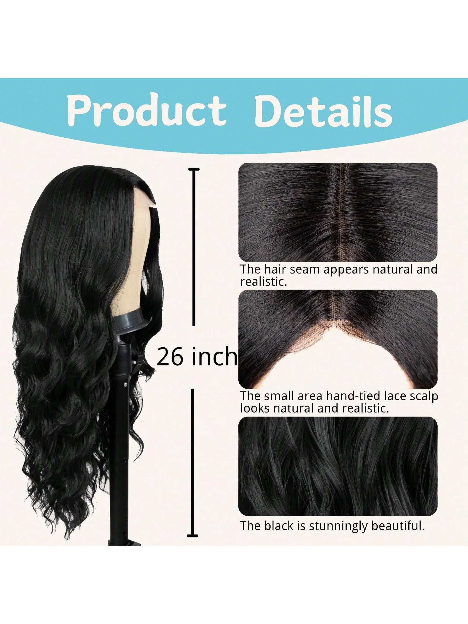 ロングディープウェーブウィッグ ナチュラルブラックヘアウィッグ 女性用 合成繊維 26インチ ミドルパート デイリーパーティー用 耐熱ファイバーウィッグ
