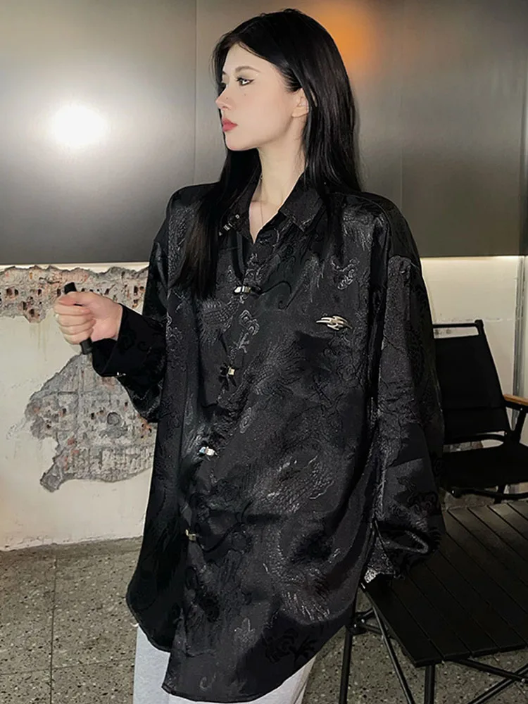 SONNEESD Spring Summer Chinese Style Diablo BF Streetwear Profile Shirt Vintage Single-Breasted Harajuku Printing Blouses Shirt