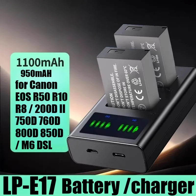 1100mAh Li-ion LP-E17 Battery for Canon EOS R50 R10 R8 / 200D II 750D 760D 800D 850D / M6 DSLR Camera Rechargeable Replacement