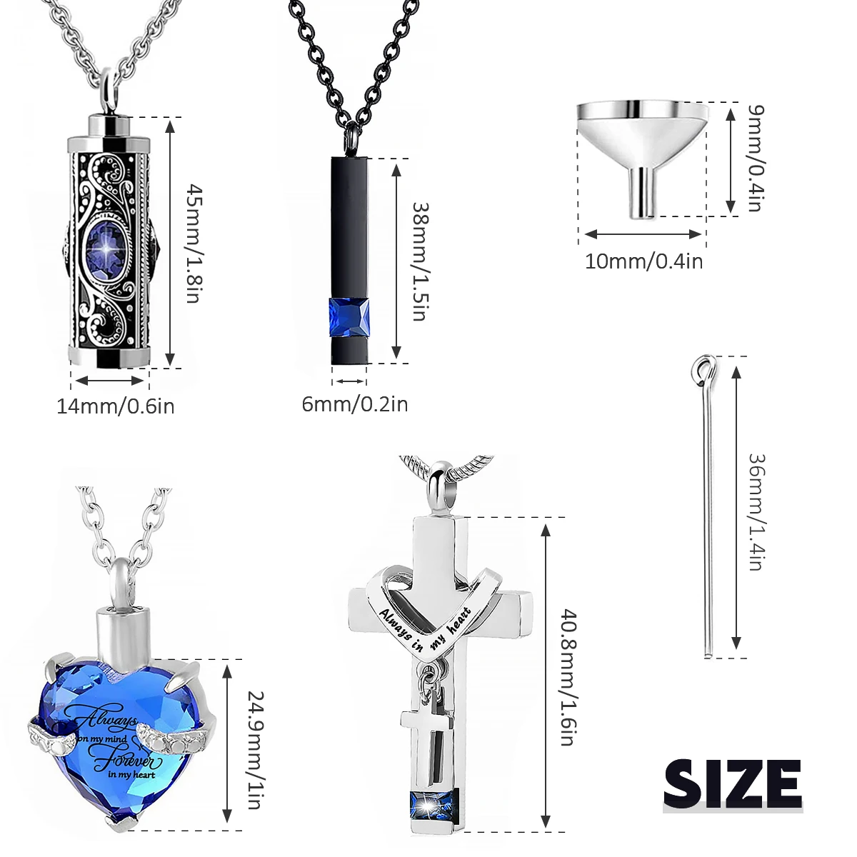 4Pcs Urn Necklace Set Stainless Steel Cremation Jewelry Heart Cylindrical Cross Rectangular Ashes Keepsake Waterproof Urn
