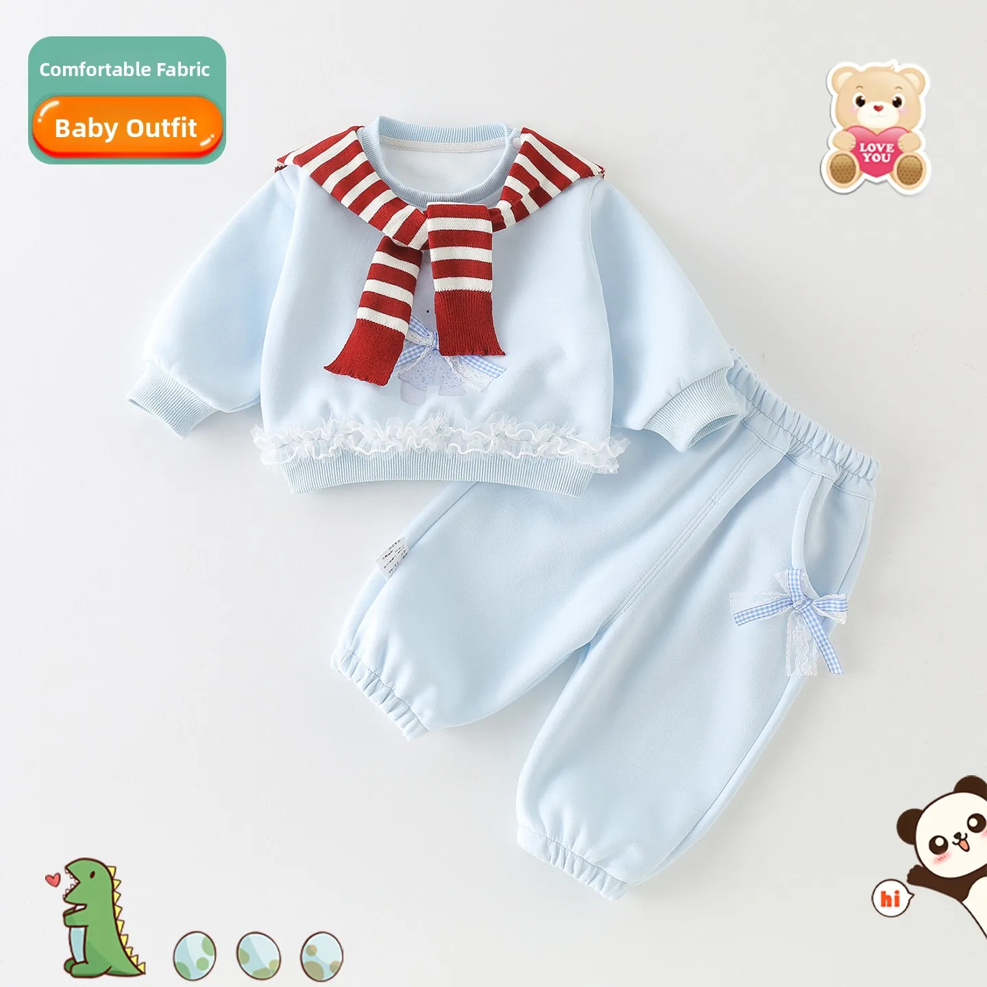 

Spring Autumn Baby Girl's Set Korean Style Hoodie Pants Three-piece Blue Stripes Shawl Three-piece Set Warm Long Sleeve