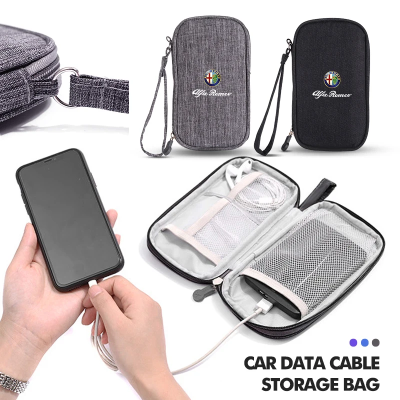 Cable de datos para cargador de coche, bolsa USB para auriculares, bolsa de almacenamiento de viaje para Alfa Romeo 159 Giulietta 156 147 Giulia Mito GT Stelvio Spider