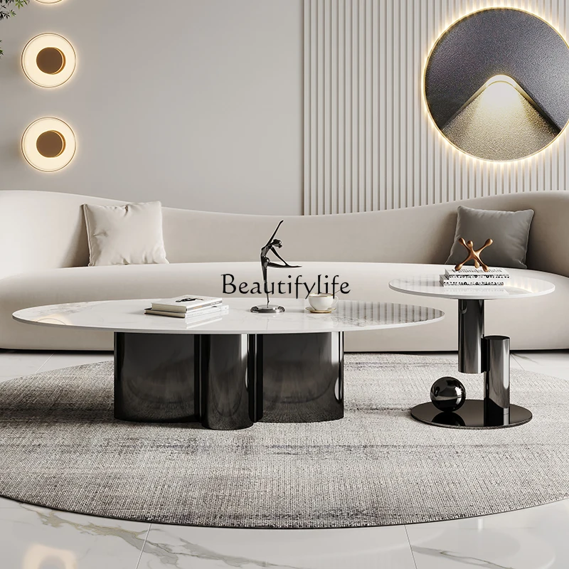 طاولة قهوة إيطالية بسيطة من JJ، طاولة قهوة بيضاوية الشكل فاخرة وحديثة الطراز من الفولاذ المقاوم للصدأ