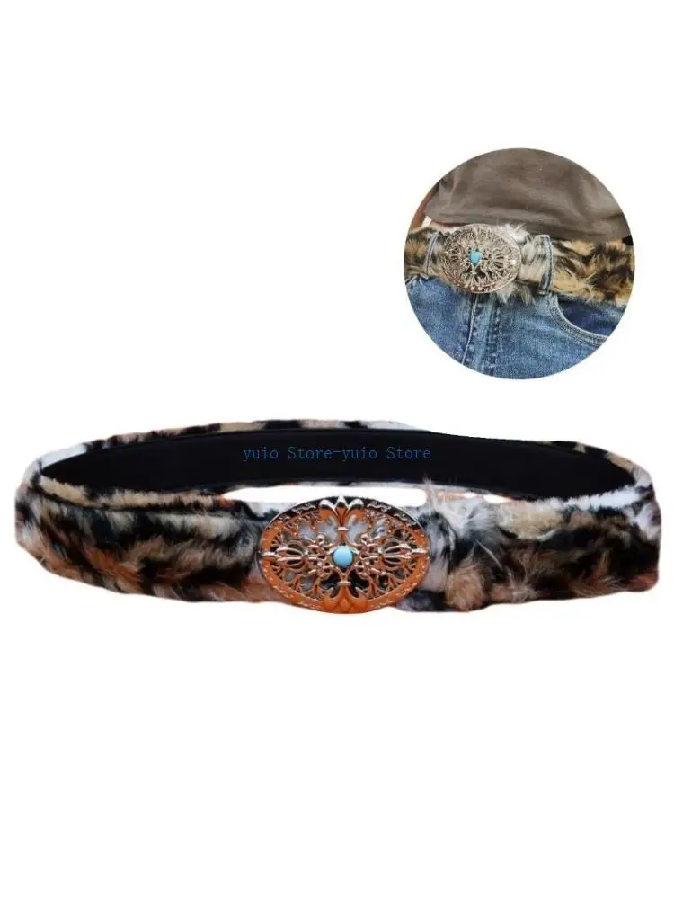 X7XB Hollowout Buckle Belt Plush Leopard Pattern Belt Eye Catching Pants Belt Female Western Waiststrap Winter Plush Belt