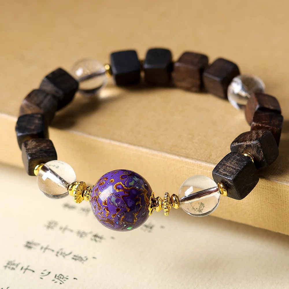 

Daraqan Agarwood Paired with Natural WhiteCrystal BraceletChinese-Style Purple Lacquer Bead ArtisanWooden Bracelet with Treasure