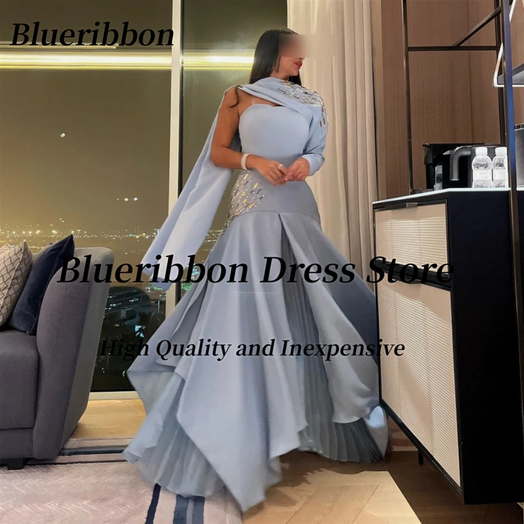 Blueribbon Elegant Women Wear Evening Dresses Beaded Long Sleeve Wraps Vestidos De Noche Pleats Special Party Prom Bride Gowns