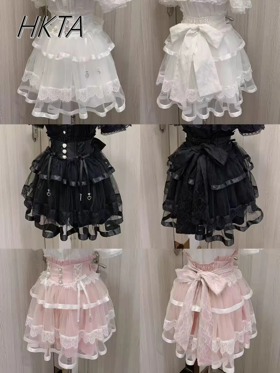 Falda de malla de encaje de cintura alta oscura con lazo de mina japonesa, faldas cortas finas de producción en masa de mina de verano, Falda plisada para mujer 2025